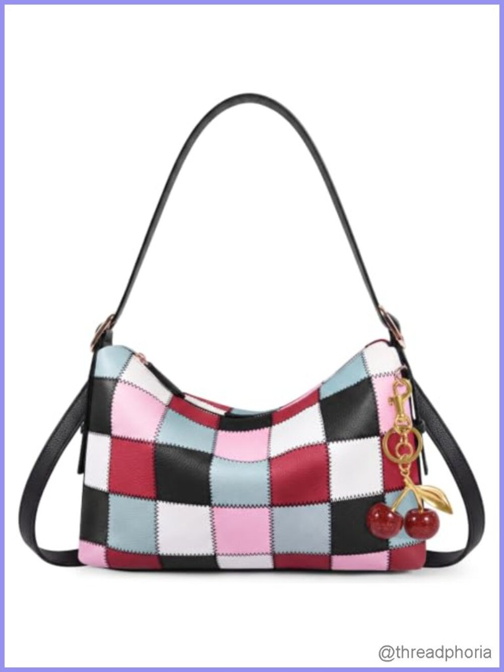 Women's Checkered Hobo Bag Vegan Leather Shoulder Purse w/ Cherry Charm